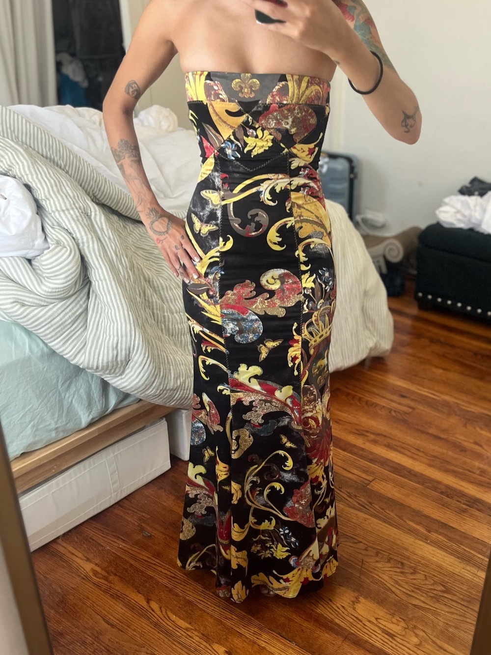 Just Cavalli Strapless Black Gown with Gold and Red Baroque Print